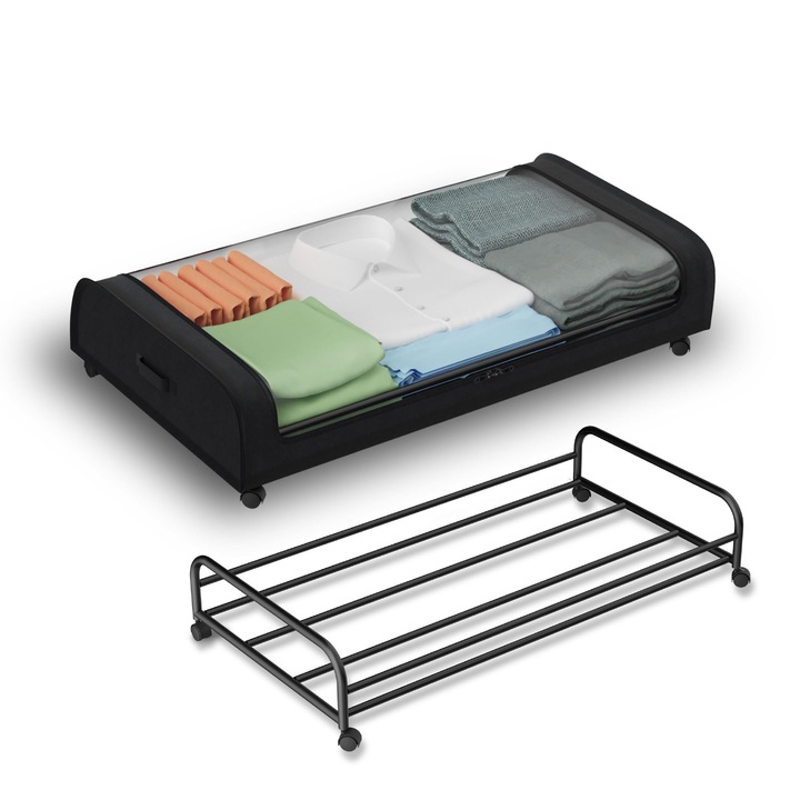 Depozitare sub pat cu roti si capac, cu fereastra transparenta, depozitare sub pat rulant, capacitate mare, pentru haine de dormitor pantofi carte de jucarie, WALALLA, 40 L, negru