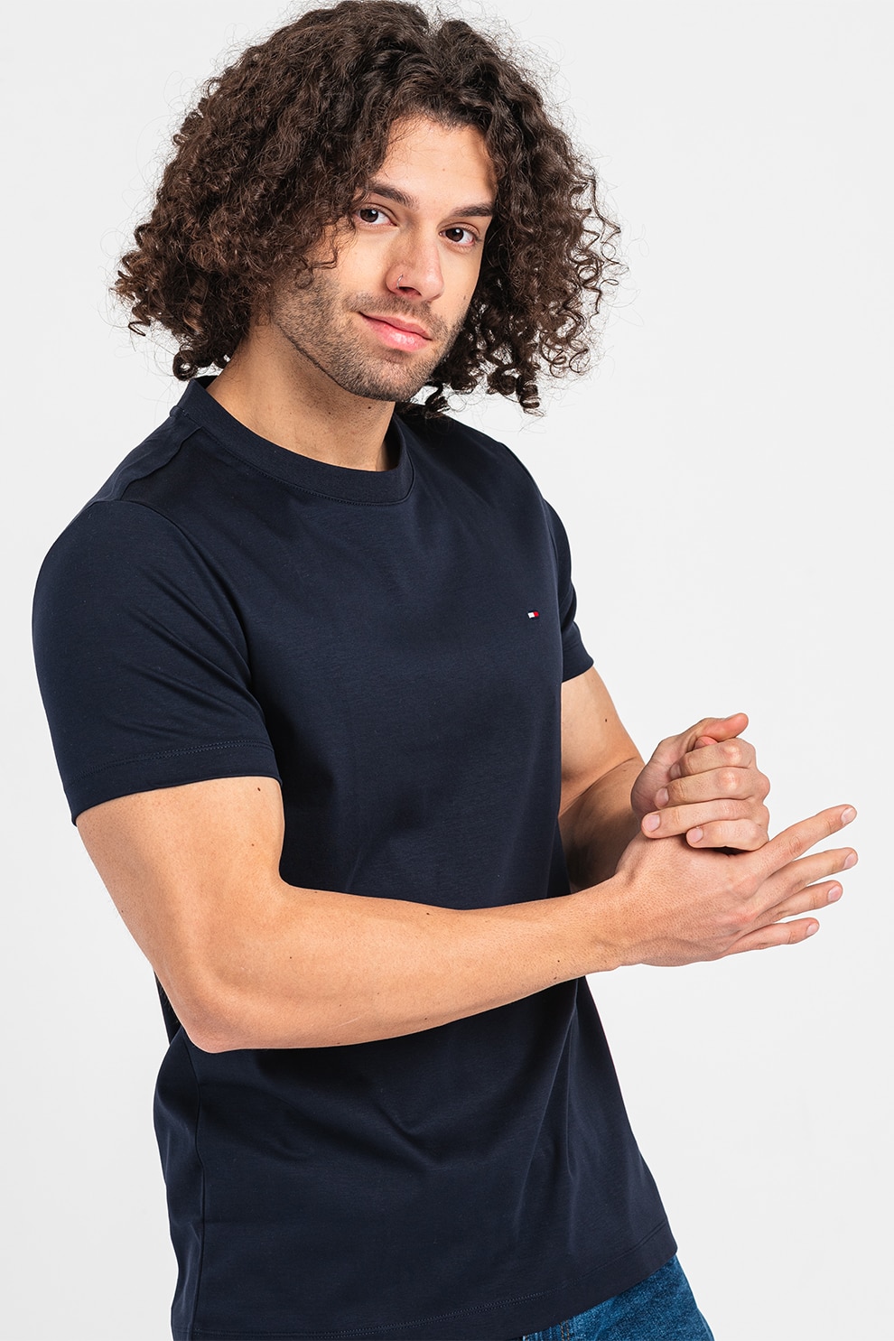 Tommy Hilfiger, Tricou slim fit cu decolteu la baza gatului, Bleumarin, S