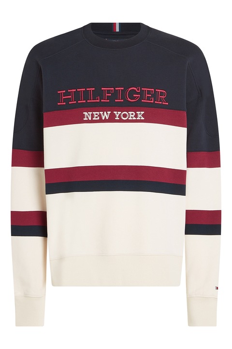 Tommy Hilfiger, Bluza de trening cu model in dungi si broderie, Rosu inchis/Bej deschis/Bleumarin