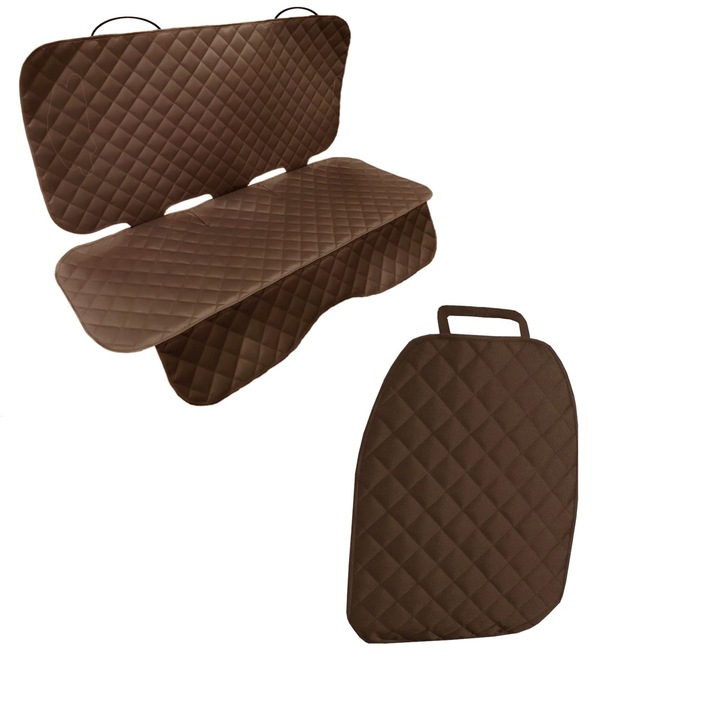 Комплект от 2 калъфа за автомобилни седалки METRU PATRAT, ватирани, универсални, кафяви, миещи се, водоустойчиви, защита за задната седалка и обикновена защита за облегалката на седалката