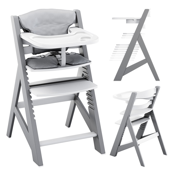 Scaun de Masa Pliabil, 4 in 1, Tulano Morsel 40, Centura de Siguranta 3 Puncte, Ajustabil pe Inaltime, 12 niveluri de reglementare, Gri-Alb