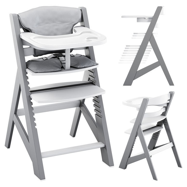 Scaun de Masa Pliabil, 4 in 1, Tulano Morsel 40, Centura de Siguranta 3 Puncte, Ajustabil pe Inaltime, 12 niveluri de reglementare, Gri-Alb