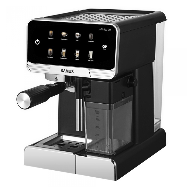Espressor Samus INFINITY 20, 1350 W, Pompa de inalta presiune 20 bari, Rezervor lapte 500 ml, Rezervor de apa transparent detasabil 1.8 litri, 8 tipuri de bauturi