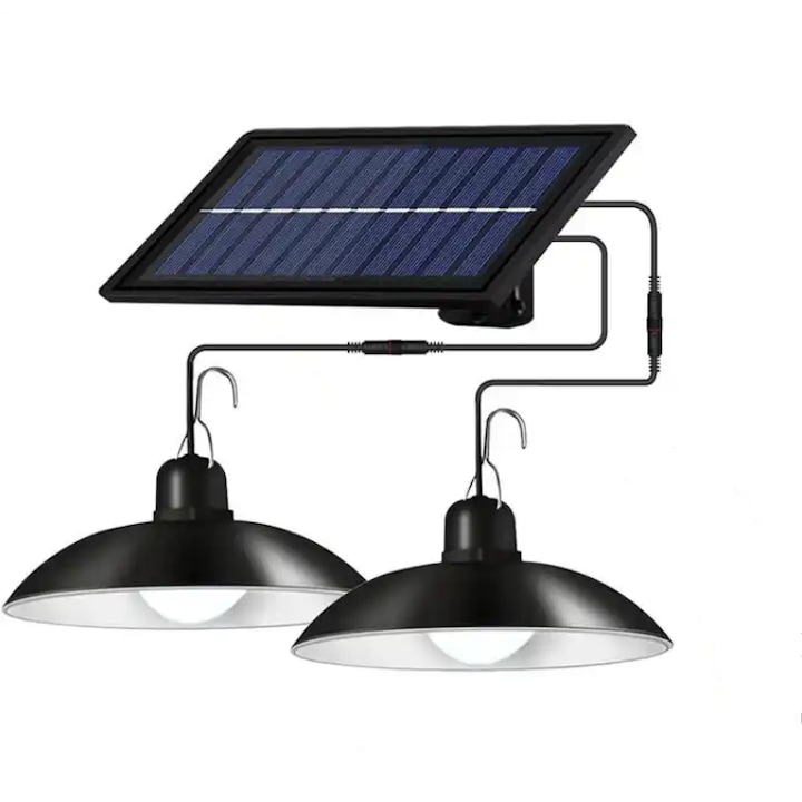 Dupla napelemes lámpa, lámpaernyővel, 3 világítási mód, beltéri/kültéri, szürkületérzékelő, távirányító, hideg fehér fény, 3 m-es kábel, fekete szín