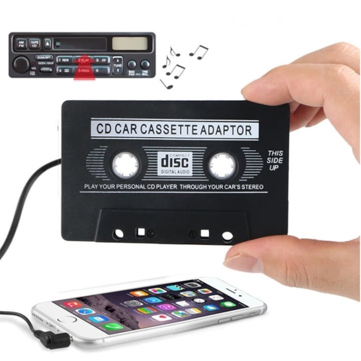 Adaptor, Caseta audio cu mufa AUX, 3.5mm, Pentru casetofon, Negru
