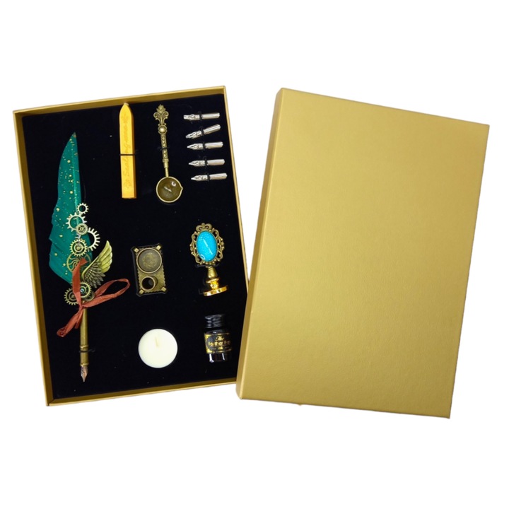 Set stilou cu pana culoare verde cu ornamente metalice, Ceara pentru Sigiliu, Stampila, Lingurita, 5 Penite si Suport