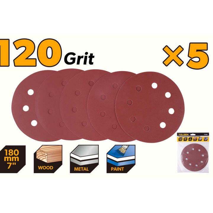 Set 5 discuri abrazive TOLSEN 180 mm, Autoadezive, Perforate, Granulatie 120, Compatibile TOLSEN 79584, Pentru metal, lemn si vopsea, Fibra de inalta calitate, Uz profesional, Set 5 discuri abrazive TOLSEN 180 mm, Autoadezive, Perforate, Granulatie 120, C