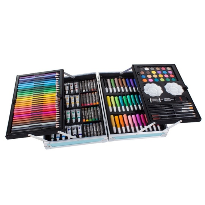 CLASStitude пълен комплект за рисуване и рисуване, 145 части, моливи, маркери, акварели, чанта за съхранение на еднорог, 23 x 34 x 9 cm, син