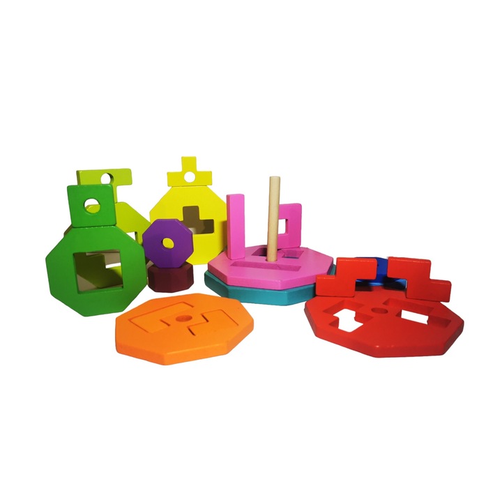 Jucarie educativa pentru copii, cu forme geometrice, de stivuire si asociere culori, de tip Montessori, Piramida curcubeu, +3 ani