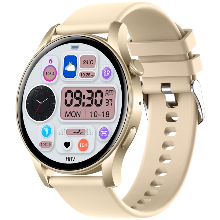 Дамски смарт часовник TechONE® KC88 Fine Life, AMOLED 1,43 инча, гласов асистент, сърдечен ритъм, ултра лек, кислород, Bluetooth разговори, спорт, BT 5.3, IP67, златист