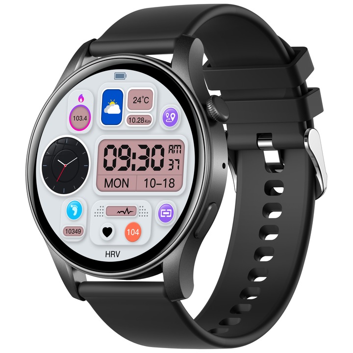 Унисекс смарт часовник TechONE® KC88 Fine Life, AMOLED 1,43 инча, гласов асистент, сърдечен ритъм, ултра лек, кислород, Bluetooth разговор, спорт, BT 5.3, IP67, черен