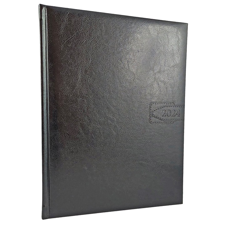 Agenda datata 2024 pentru programari, format A4, 21 x 27 cm, cu 152 pagini, cu coperta buretata din piele ecologica neagra, semn de carte textil si bloc cusut in fascicule