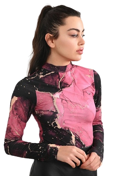 Bluza dama casual, cu imprimeu all-over, bumbac usor si fin, Fucsia, Fucsia