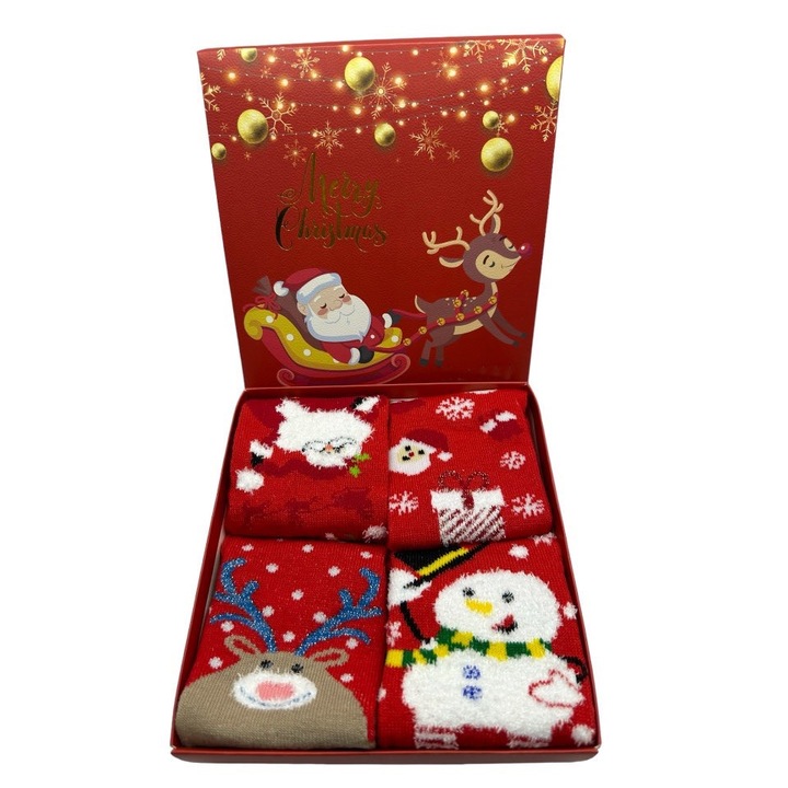 Кутия с 4 броя памучни чорапи с коледна украса за деца, модел с Дядо Коледа, Снежен човек, Еленче, 8-12г.