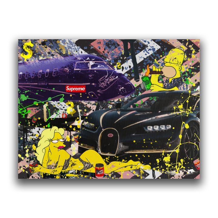 Първокласна картина на платно, LuxCanva® B1094, Хоумър Симпсън, 95 X 120 CM, 100% памучно платно 400g/m2, Дървено шаси, Всекидневна, Сериал, Комедия, Семеен, Самолет, Луксозна кола, Живи цветове