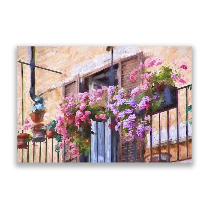 Картина на платно, LuxCanva® C1005, Балкон с цветя, 60 X 90 CM, 100% памучно платно 400g/m2, Дървена рамка, Всекидневна, Улица, Ваканция, Цветя, Балкон, Живи цветове
