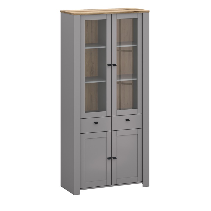 Dulap Vitrina Latour N, gri, cu 2 usi si 2 sertare, dimensiuni 1995 x 415 x 921 mm