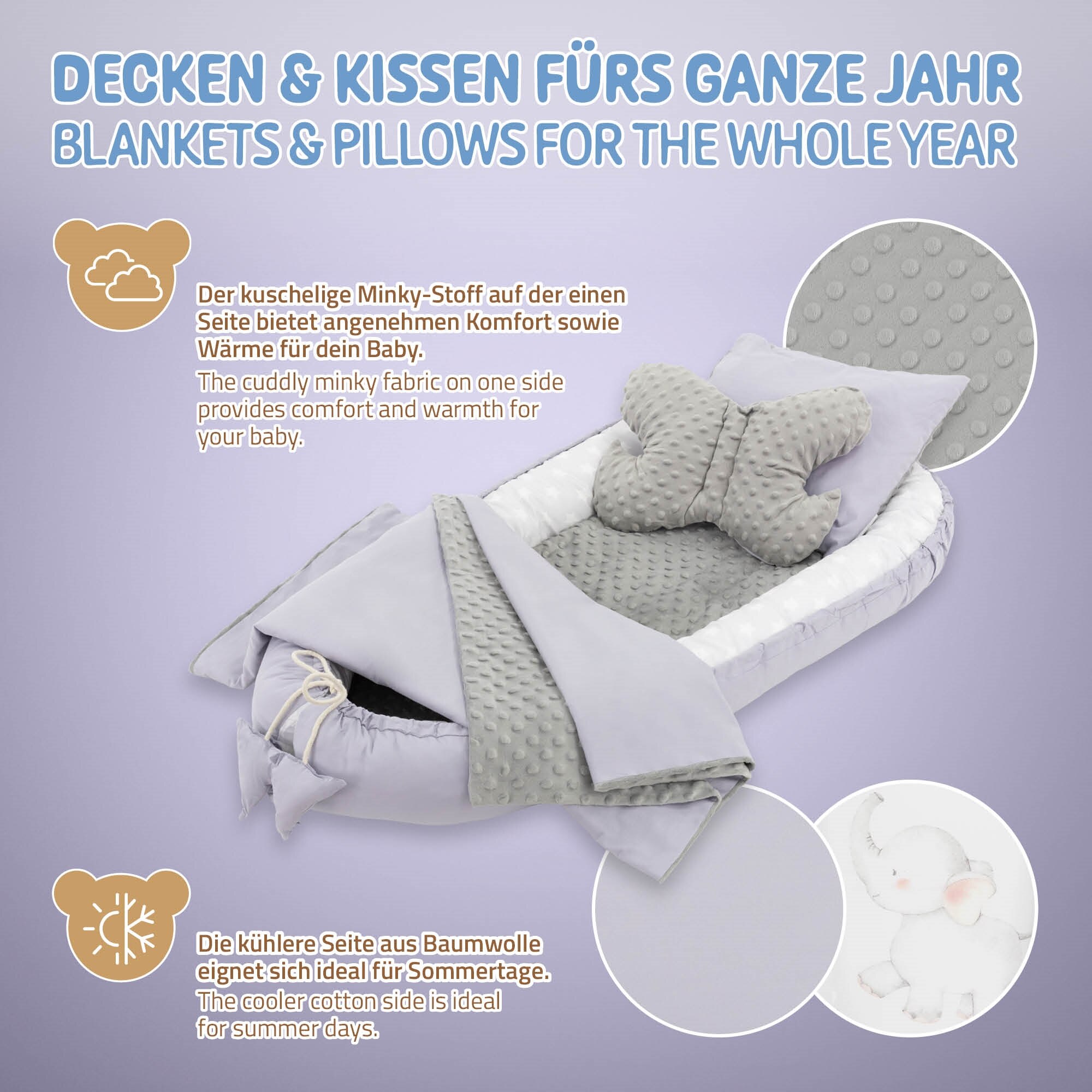 Бебешко легло Joyz, светло сив памук, слонче, 90x50x10 см, подвижно  покритие 