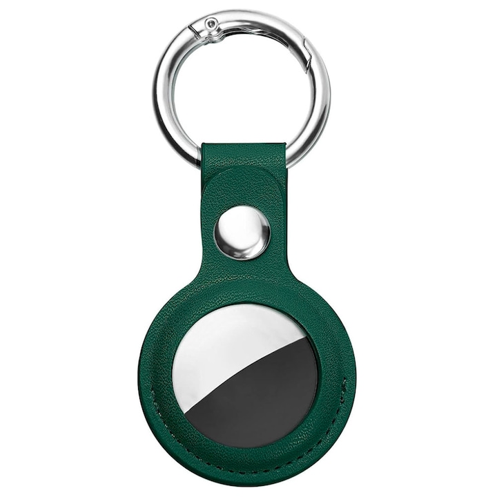 Калъф за Apple AirTag с висококачествена кожена защита, метален пръстен, ключодържател, тънък държач, зелен