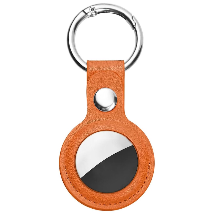 Калъф за Apple AirTag с висококачествена кожена защита, метален пръстен, ключодържател, тънък държач, оранжев