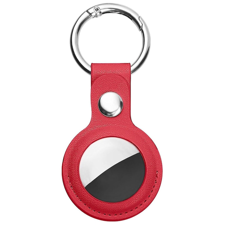 Калъф за Apple AirTag с висококачествена кожена защита, метален пръстен, ключодържател, червен