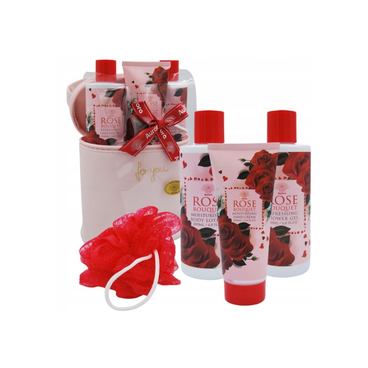 3 db-os kozmetikum készlet Rózsacsokor, Aurora, Tusfürdő 200ml, Testápoló 200ml, Kézkrém 100ml, Testszivacs