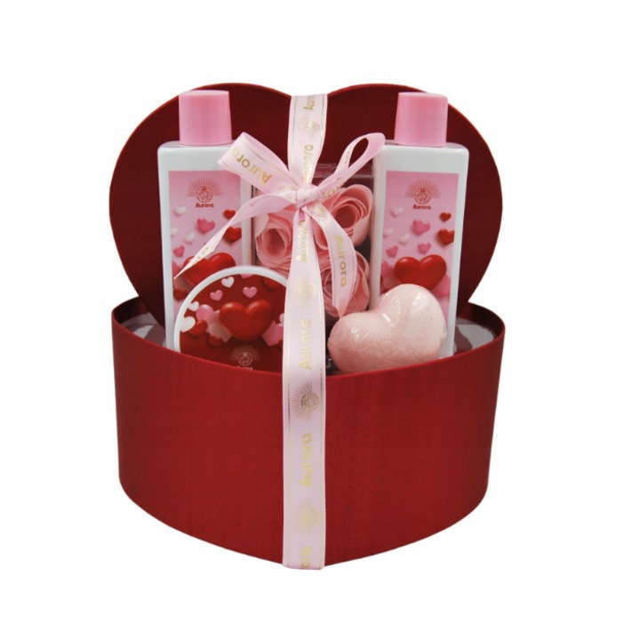 Kozmetikai készlet, Aurora, Heart Rose, 5 kozmetikum testápoláshoz, testápoló krém 50 ml, fürdőfolyadék 260 ml, tusoló folyadék 260 ml