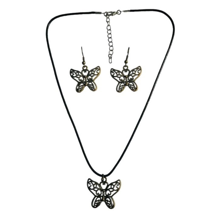 Pillangó, lepke ékszerszett, nyaklánc, fülbevaló, bronz szín, 44+5 cm