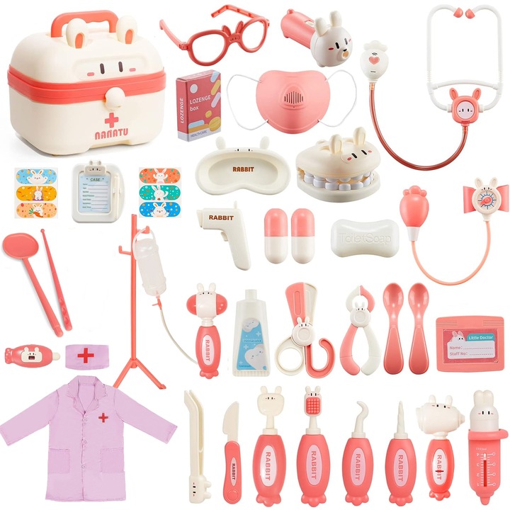 Set joaca doctor, BYONDSELF®,37 bucati, cu luminoase, Include Mulaj dentar, Uniforma de medic, Stetoscop, Valiza, roz, Pentru Copii de +3 Ani