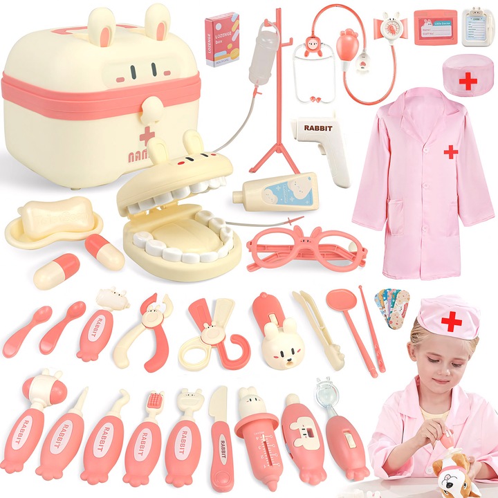 Set joaca doctor, BYONDSELF®,37 bucati, cu luminoase, Include Mulaj dentar, Uniforma de medic, Stetoscop, Valiza, roz, Pentru Copii de +3 Ani