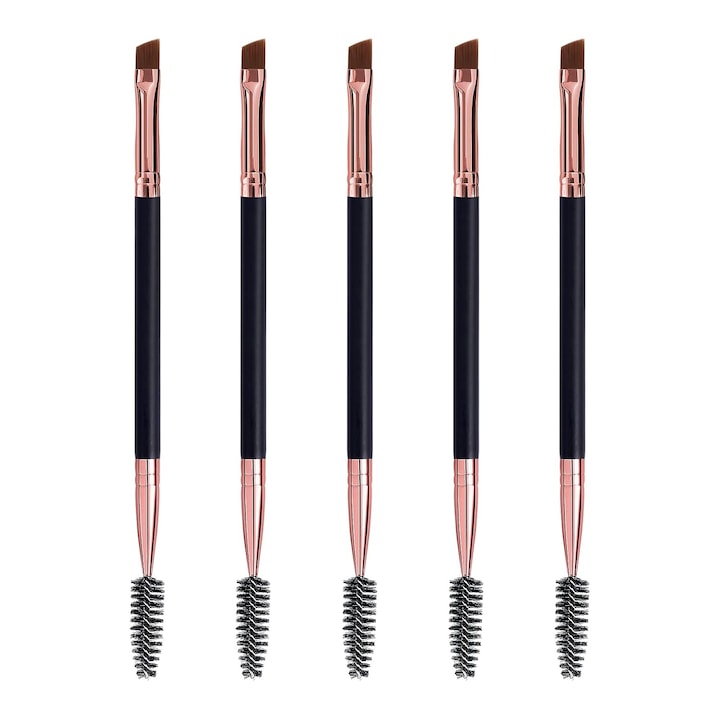 Set 5 Pensule pentru Sprancene si Gene, Unghiular si Spoolie, Lemn/Otel, Multicolor