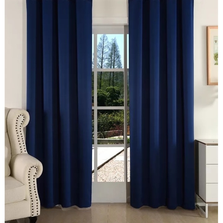 Комплект от 2 пердета SereDesign, материал тип Blackout, цвят Imperial Blue, изрязани с бастун за релса или галерия, 2 x L 200 cm x H 245 cm