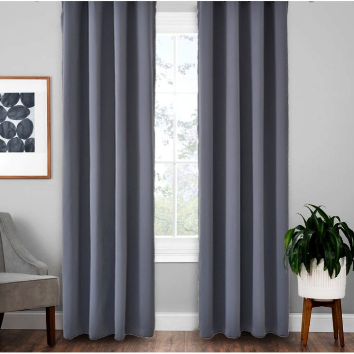 Комплект от 2 пердета SereDesign, материал тип Blackout, сив цвят, изрязани с камъш за релса или галерия, 2 x L 200 cm x H 250 cm