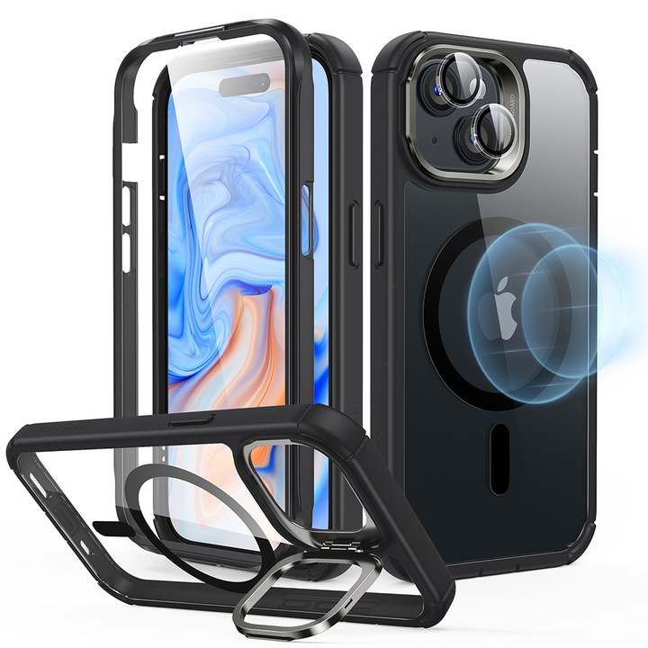 Защитен калъф за iPhone 15 Plus + фолио, Eldar Protect, N59, Lexgard, Transparent Black
