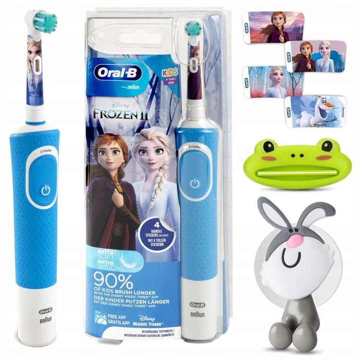 Детска електрическа четка за зъби Oral-B Vitality 100 Frozen, комплект - изстискваща паста, опора за главите, цветни стикери