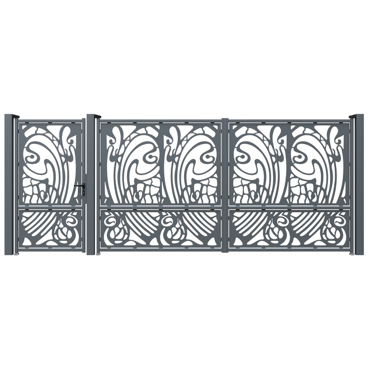 Set poarta auto si pietonala, Todome, tabla decupata 2mm, model 34, negru, 430 x 180 cm, cu accesorii si stalpi