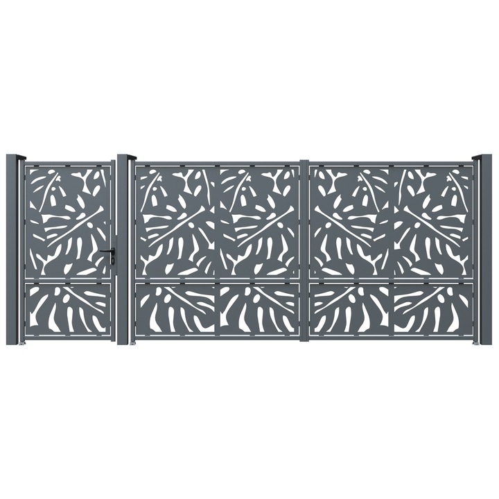 Set poarta auto si pietonala, Todome, tabla decupata 2mm, model 38, negru, 430 x 180 cm, cu accesorii si stalpi