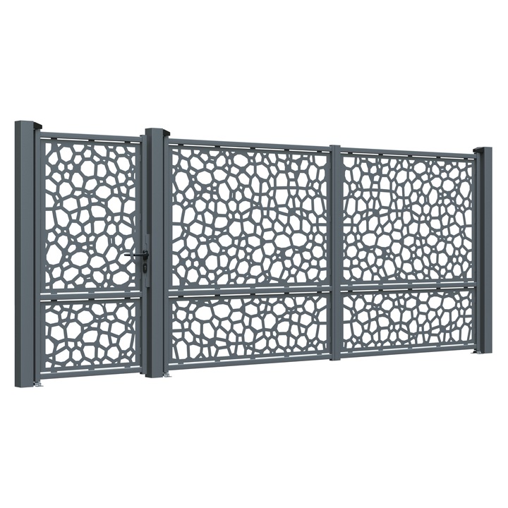 Set poarta auto si pietonala, Todome, tabla decupata 2mm, model 33, negru, 430 x 180 cm, cu accesorii si stalpi
