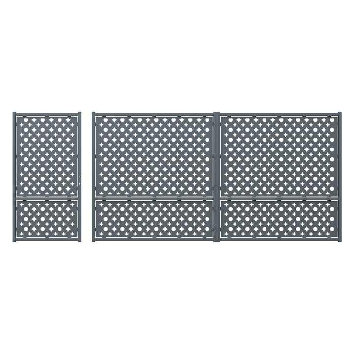 Set poarta auto si pietonala, Todome, tabla decupata 2mm, model 40, negru, 387 x 180 cm, fara accesorii, fara stalpi