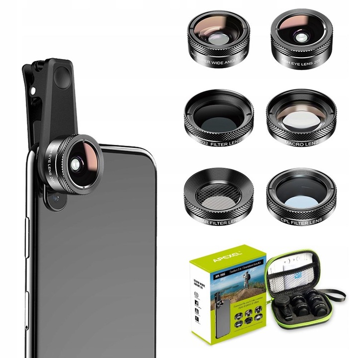 Set de lentile profesionale pentru telefoane Makro 25x, Wide, gri ND32, star, Fisheye, CPL, APL-DG6
