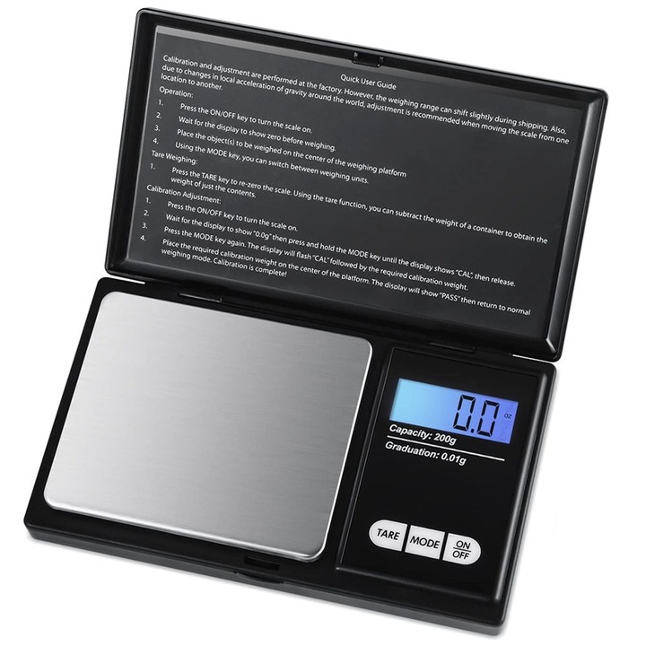 Ékszermérleg, Welora®, Nagy pontosság 0,1 - 500 g között, AUTO/Alvó üzemmód/tára funkció, Méretek: 125 x 75 x 20 mm, Prémium minőség, Fekete