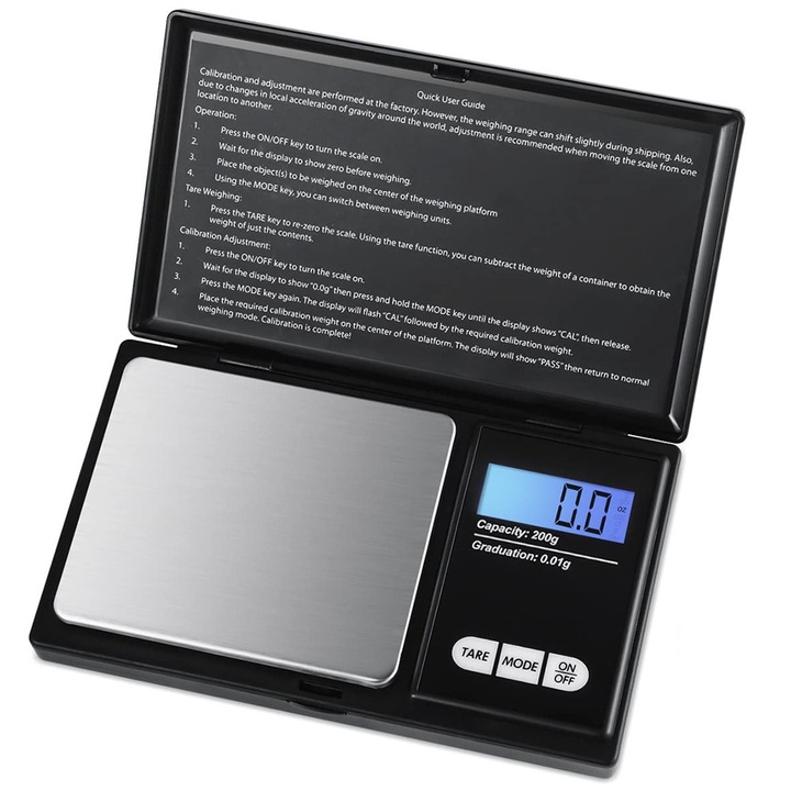Cantar pentru bijuterii, Welora®, Precizie ridicata cuprinsa intre 0.1 - 500 g, Functie AUTO/Sleep mode/Tara, Dimensiuni 125 x 75 x 20 mm, Calitate premium, Negru