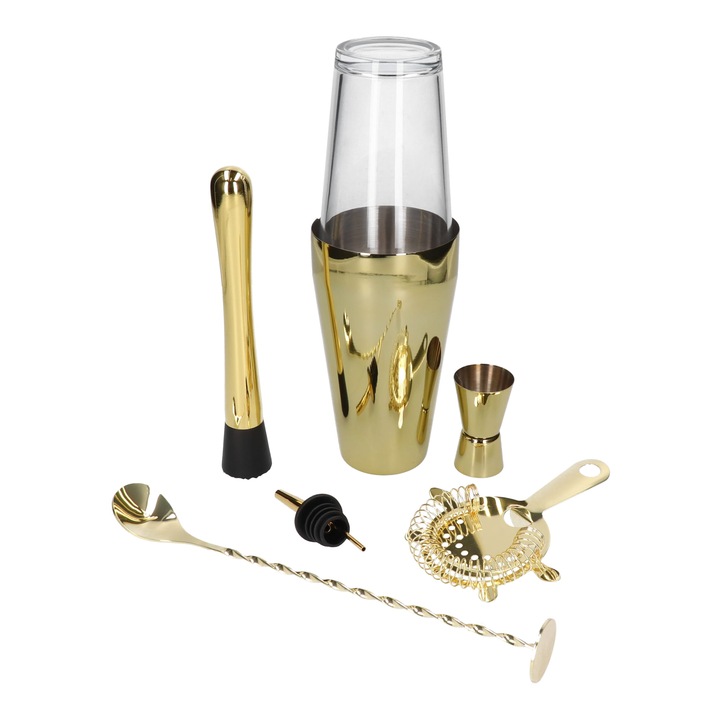 Csapos készlet, 7 db, Boston Shaker, aranyfényű