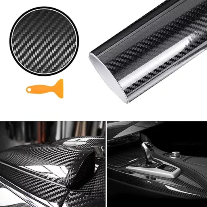 Autocolant masina, Xinxu, Fibra de carbon, Pentru Prag, Usa, Bord, Impermeabila, Protejeaza impotriva Zgarieturilor si Murdariei, Racleta, 30*300cm, Negru