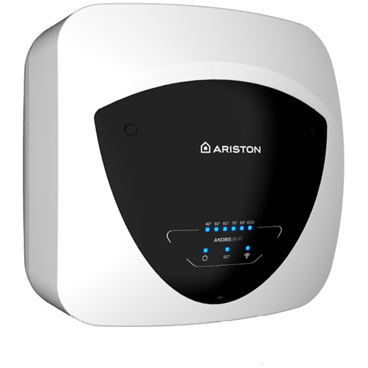 Boiler electric Ariston Andris Elite WiFi 30/5 EU, 30l, 1500W, butoane soft touch, control vocal, clasa energetica A, Montare deasupra chiuvetei, 447x447x410mm, Alb