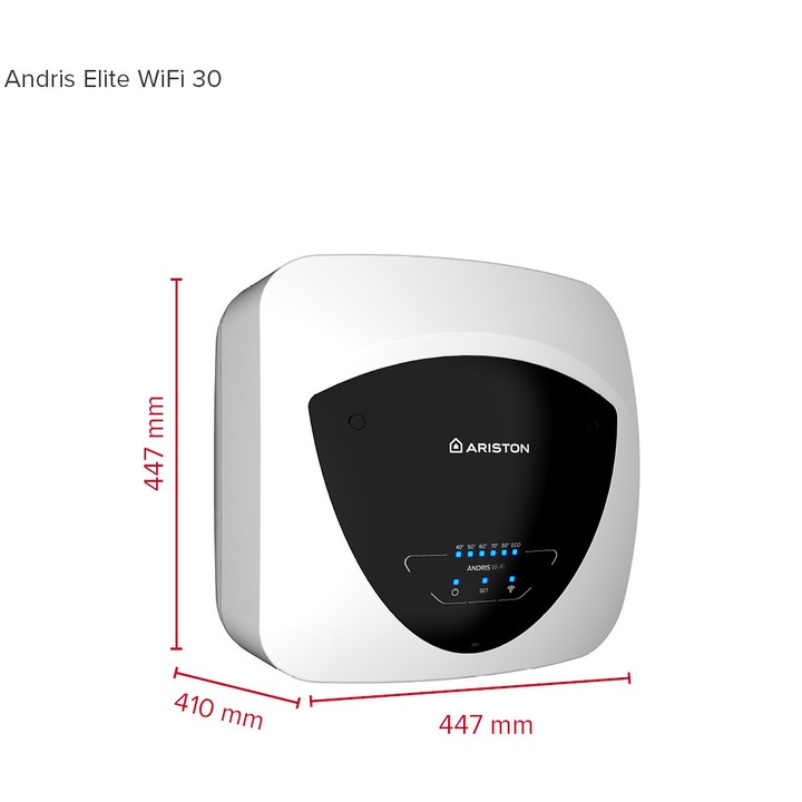 Електрически бойлер Ariston Andris Elite WiFi 30/5 EU, 30л, 1500W, Бутони soft touch, Гласово управление, Енергиен клас А, Монтаж над мивка, 447x447x410мм, Бял