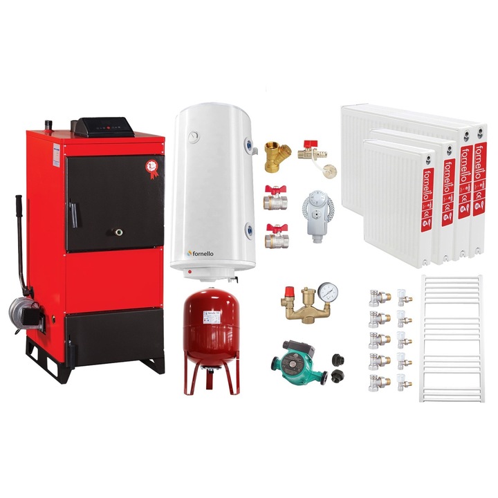 Set Centrala pe combustibil solid Fiama D2-25 Putere 29 kW, cu Ventilator si Automatizare, Radiatoare Otel, Boiler Termoelectric, Pompa, Vas Expansiune si Fitinguri