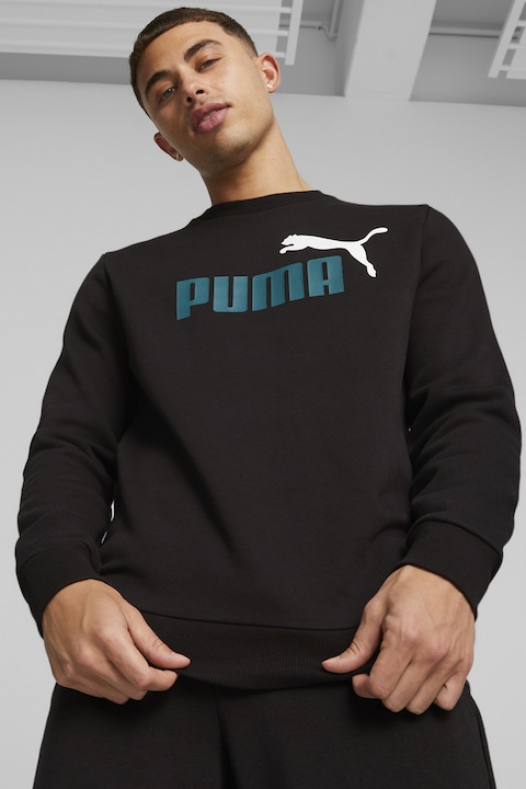 Puma, Суитшърт Essentials с овално деколте и лого, Петролно синьо/Черен