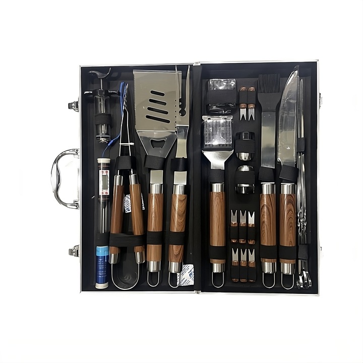 Ustensile gratar set 23 piese din otel inoxidabil cu maner din lemn