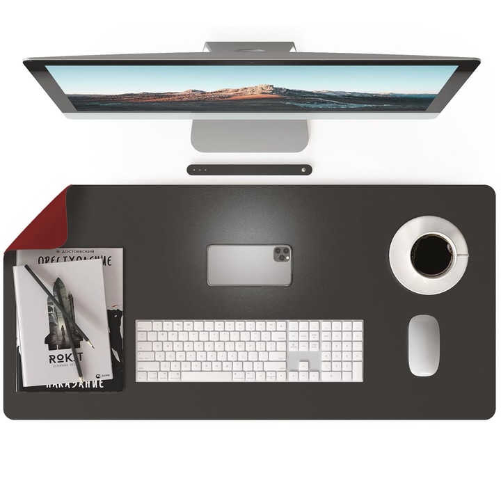 Mousepad pentru protectie birou, Din piele PU, Axroad Mall, 900 x 450 x 1.8 mm, Anti-alunecare si impermeabil, Usor de curatat, Retentie de caldura, Durabil, Fara ondulare, Fara deformare, Vine cu curea, Cu doua fete Negru / Rosu